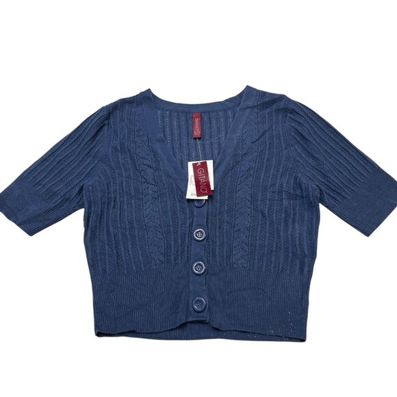 Vintage Gitano Sweater Womens 14W/16W Blue Open Knit‎ Crop Cardigan Short Sleeve - Picture 1 of 9